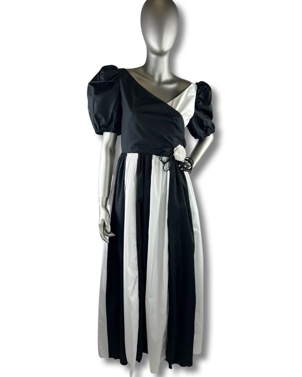 Vintage 1980s Black White Striped Gown By Anne Gerard Medium